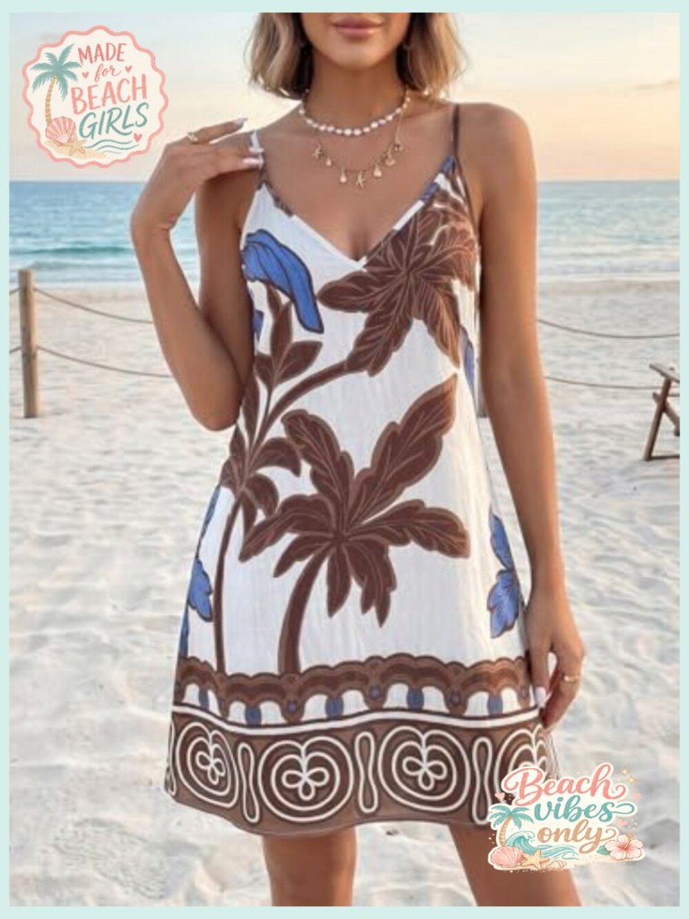 Tropical Print Backless Mini Dress Deep V Neck Flowy Beach Vacation Outfit - Picture 6 of 7
